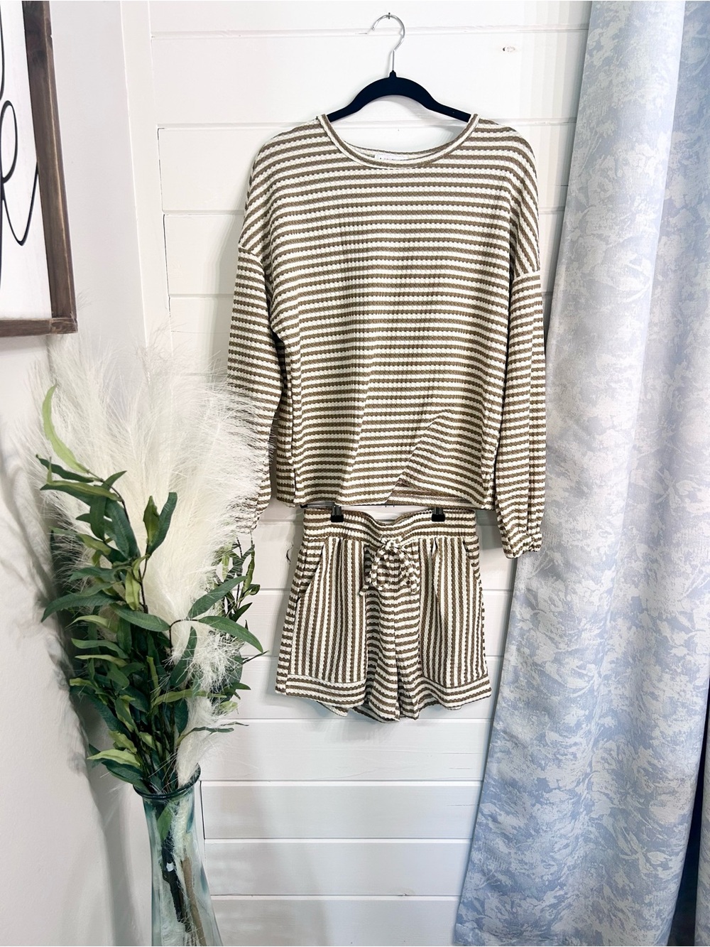 Kids Striped Long-Sleeve Top & Shorts Pajama Set — Cream and Brown